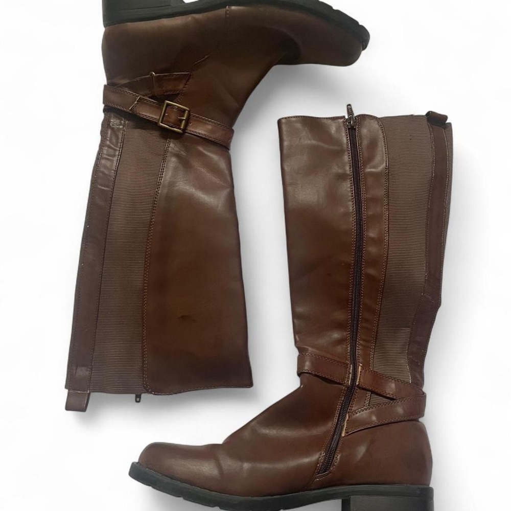 Coffee Brown Pleather Knee High Boots with Bronze Buckle •SIZE - 8 fits like 7.5